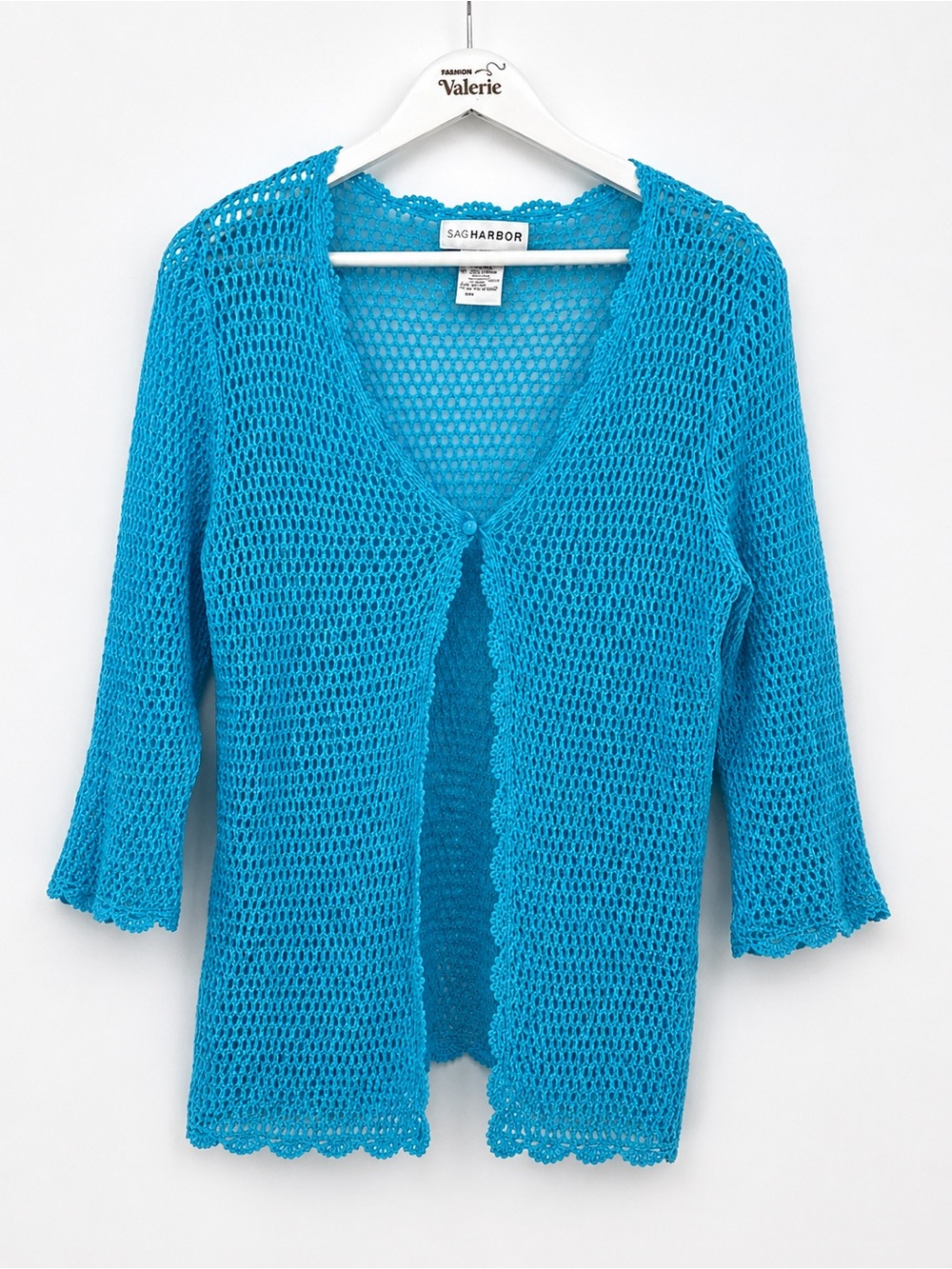 Sag Harbor Bright Blue Open Knit Coastal Button Front Crochet Top Size Medium Y2